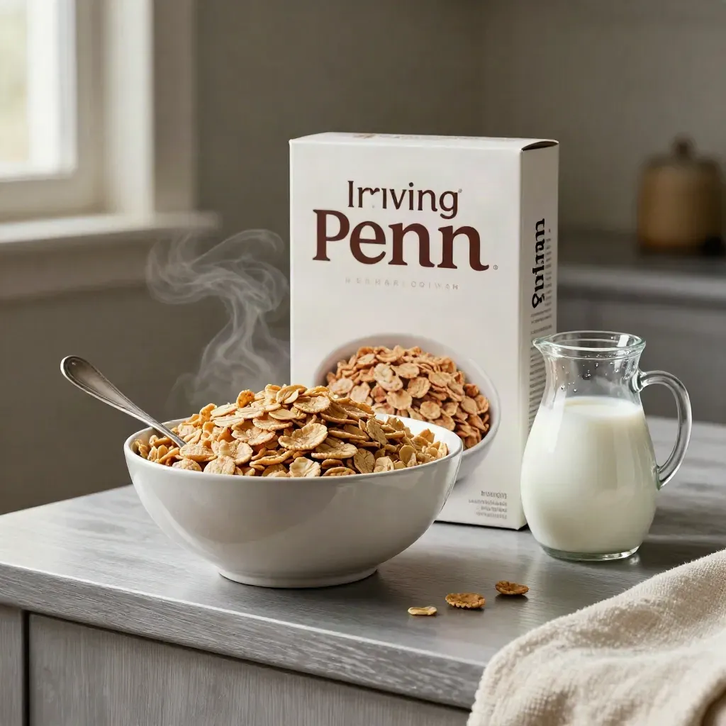 Scatola di cereali al farro con ciotola di fiocchi, latte e cucchiaio su base color peltro.