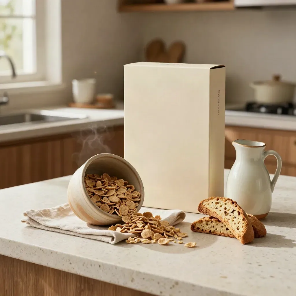 Set colazione con cereali di farro, biscotti, farina e latte su piano chiaro.