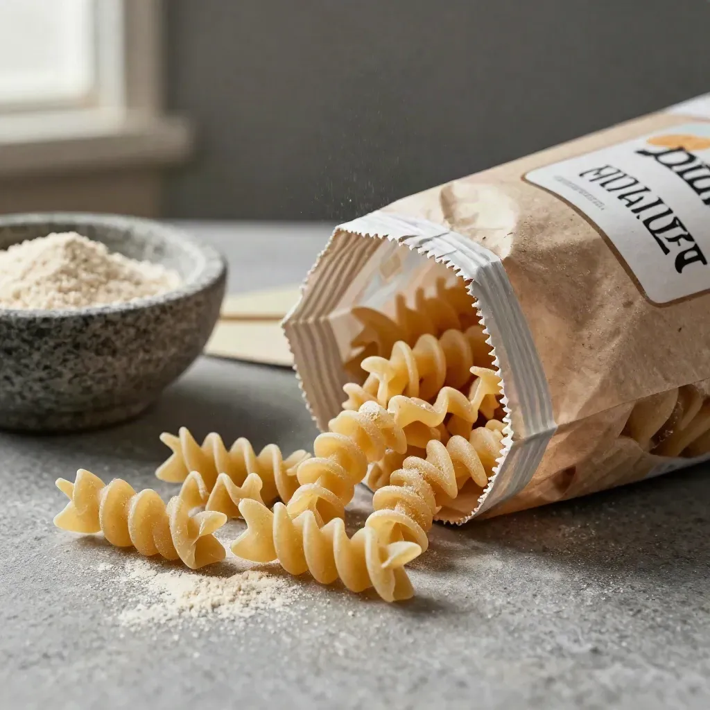 Sacchetto di fusilli di farro con spirali crude, ciotola di pietra e semola su sfondo scuro.