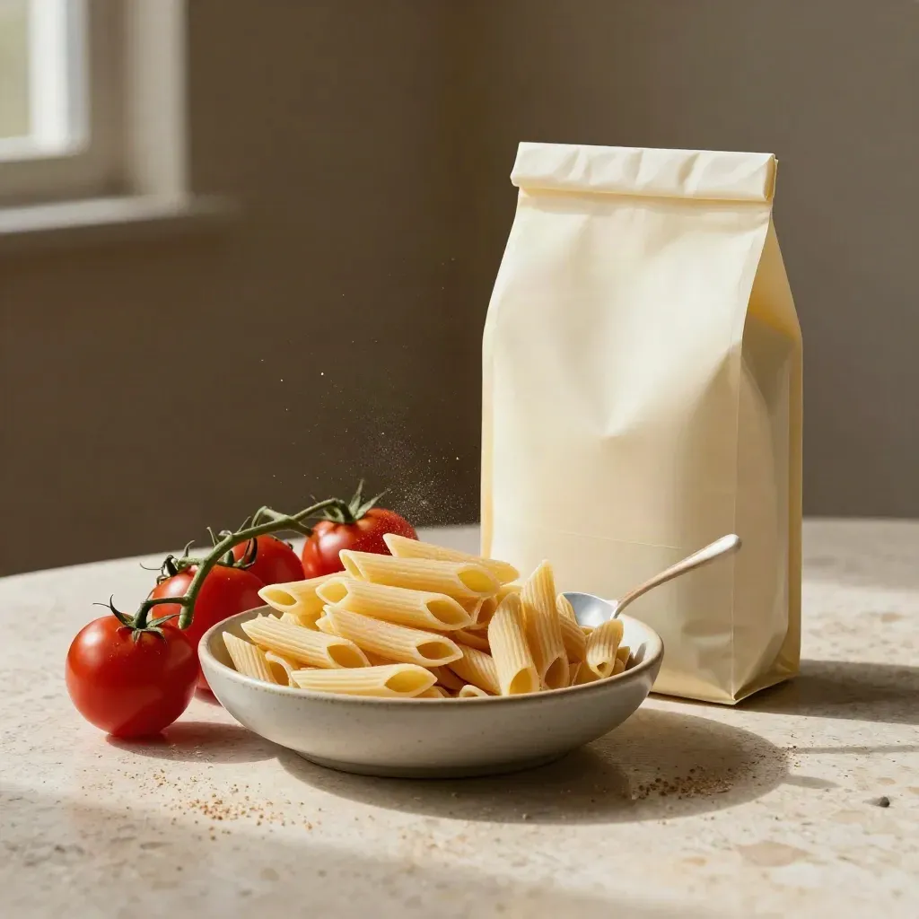 Pack di penne integrali di farro con ciotola, pomodori e cucchiaio su travertino chiaro