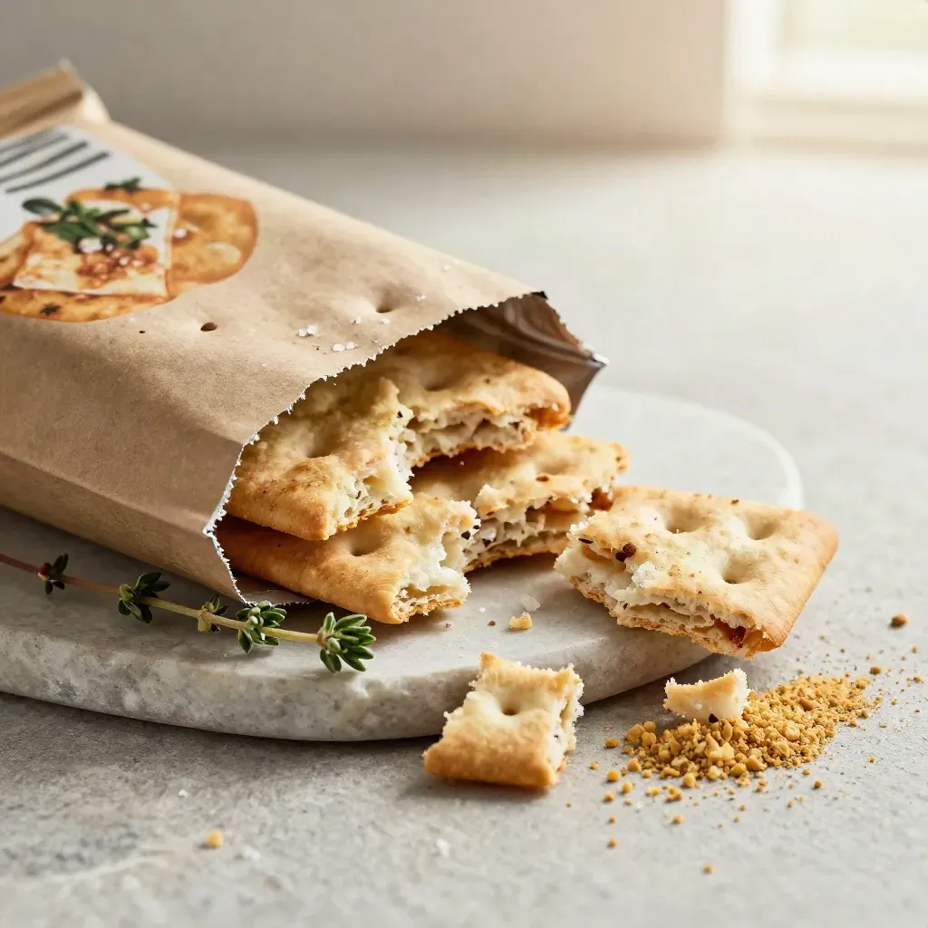 Cracker al farro spezzati con sale grosso e timo su piatto di pietra.