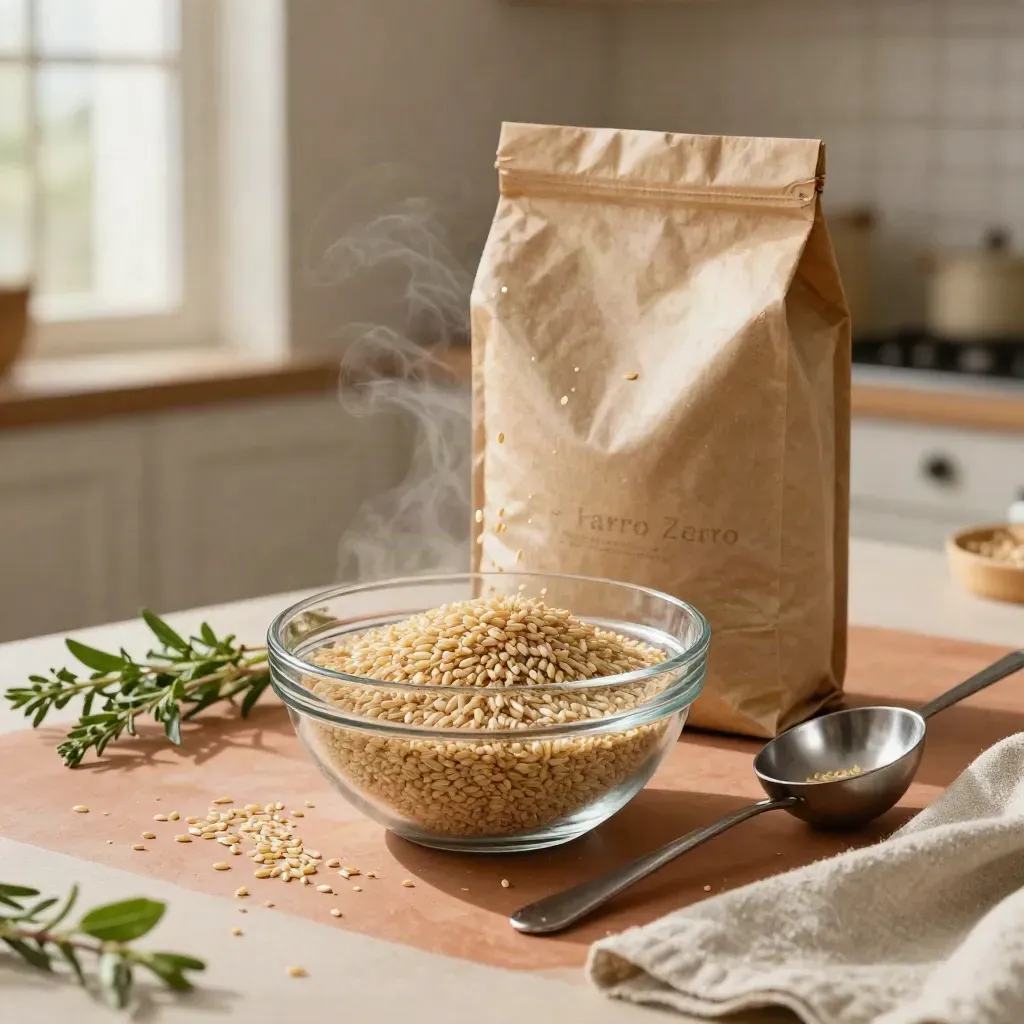 Sacchetto di farro perlato con ciotola di vetro, farro in colata, erbe e lino su terracotta.
