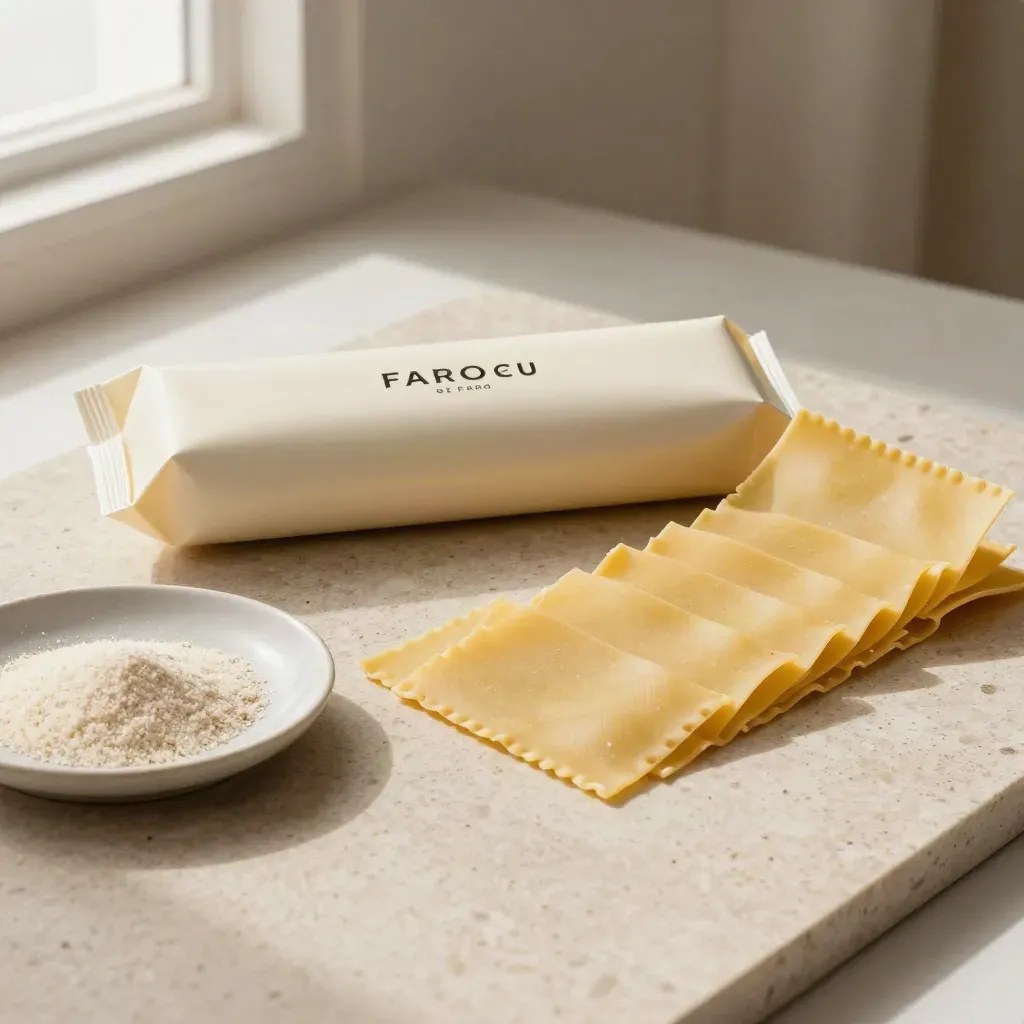 Pacco di lasagne di farro con sfoglie sventagliate, piatto in ceramica e semola su pietra chiara.