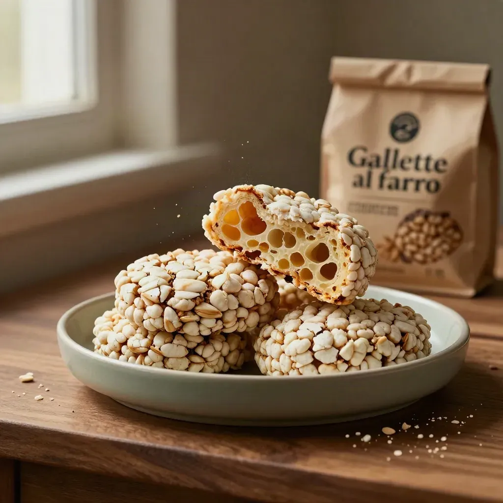 Gallette al farro spezzate in un piatto salvia con briciole su sfondo caldo.