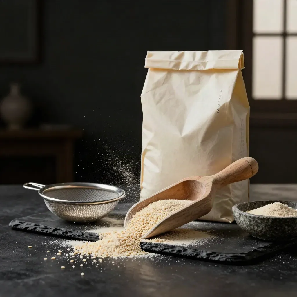 Busta di semola di farro con cucchiaio di legno, setaccio e ciotola in scena drammatica.