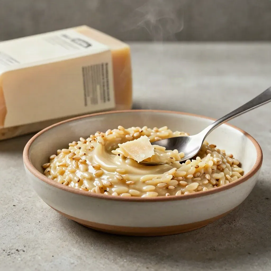 Pacco di risotto al farro con ciotola cremosa, cucchiaio e scaglia di parmigiano su sfondo caldo.