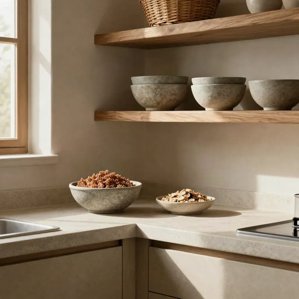 Angolo cucina rustico con pasta di farro, cereali e luce mattutina su mensole in legno.