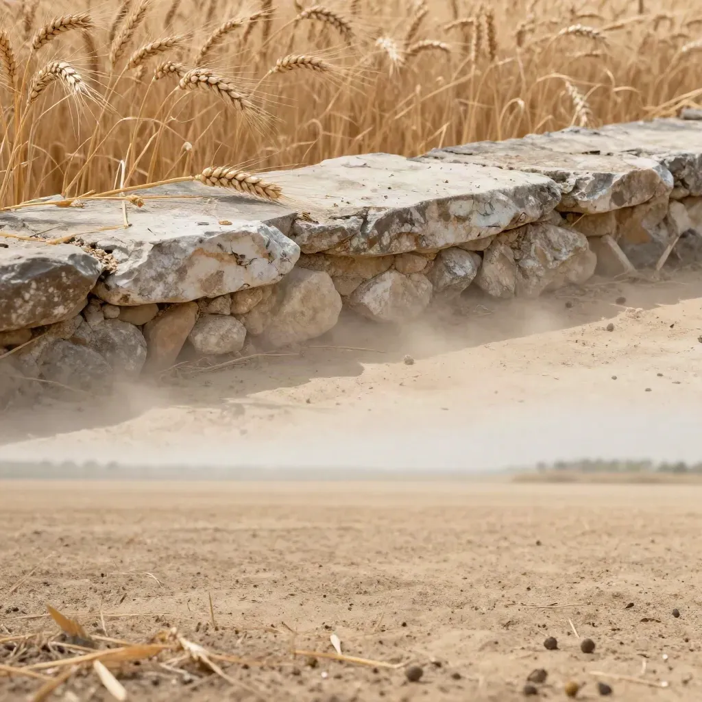 Campo di grano secco con lastra di pietra e spighe mosse dal vento, spazio calmo per il testo.